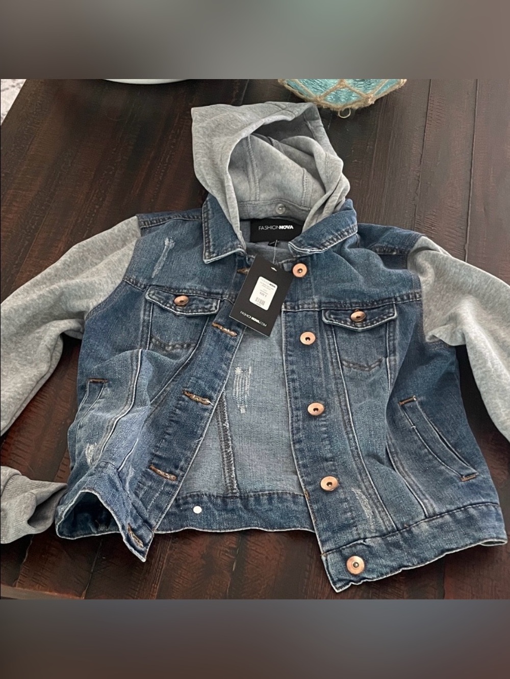 Fashion Nova Denim Jacket with Gray Hood & Sleeves